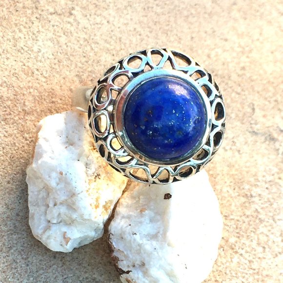 Genuine Lapis Lazuli Round .925 Ring Ornate Silver size 6.5 - Picture 9 of 13